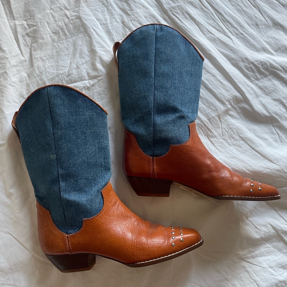 80s 90s vintage Lizwear two tone leather + denim cowboy boots studs women's 7